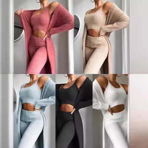 New Solid Color Home Suit Set Sexy V-neck Plush Short Tank Top Pants Three Piece Set