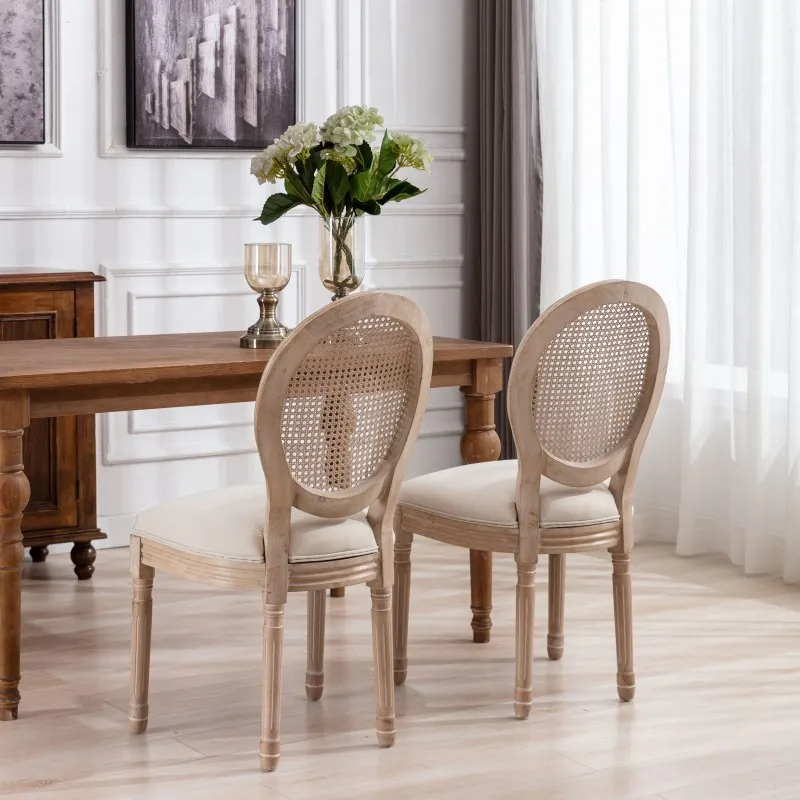 Dining Chair French Round Back Hexagonal Rattan Woven Soft Padded Wooden Chair Solid Wood Frame Wedding Restaurant Chair