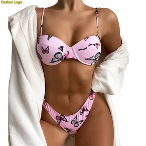 Custom Logo Wholesale Bikini Set Brazilian Swimsuits Swimwear Two Piece Bathing Suit Pink Butterfly Print Push up Bikinis Set