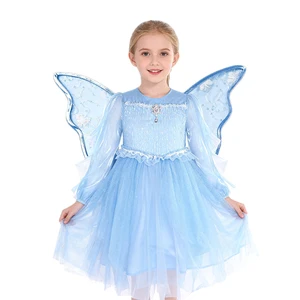 Gem Accent Sequin Wing Blue Tulle Dress Kids Fairy Costume for Stage Performance Dress-Up Gatherings