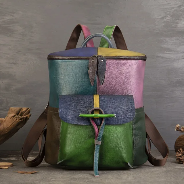 Unisex Top Grain Cowhide Backpack with Colorful Patchwork Design Large Capacity Laptop Bag Zipper Closure and Polyester Lining