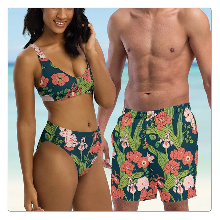 Floral Printing V-neck Breathable Spandex/Polyester Women Two Piece And Men Shorts Bikini Couple Swimwear Beachwear