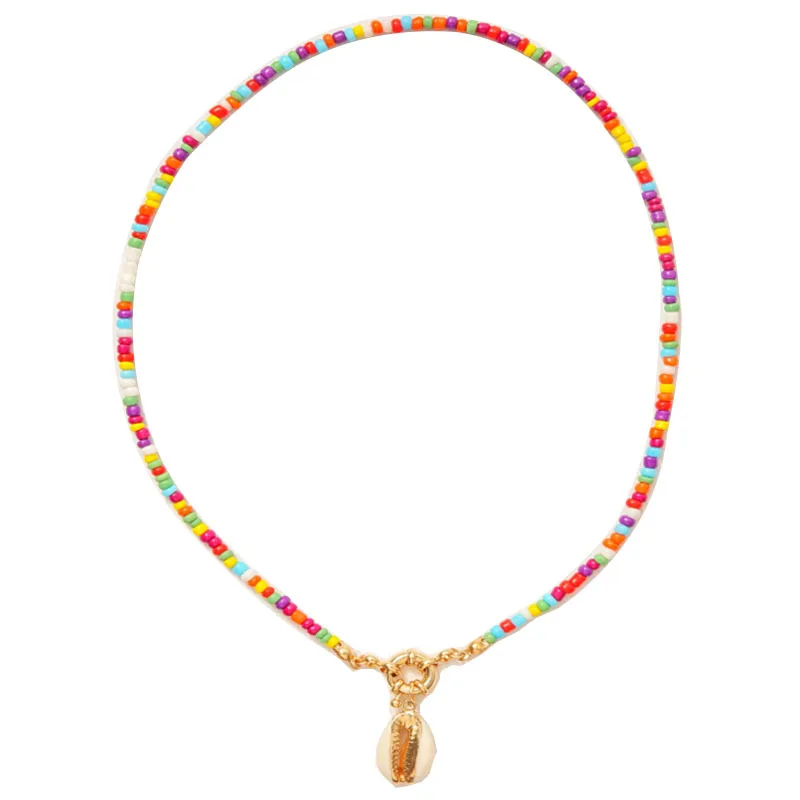 Zinc Alloy Shell Charm Bohemian Colorful Seed Bead Choker Necklace for Women Jewelry