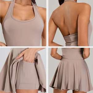 New Style V-neck Breathable Quick Dry Women's Tennis Dress Set Sleeveless Polyester/Nylon