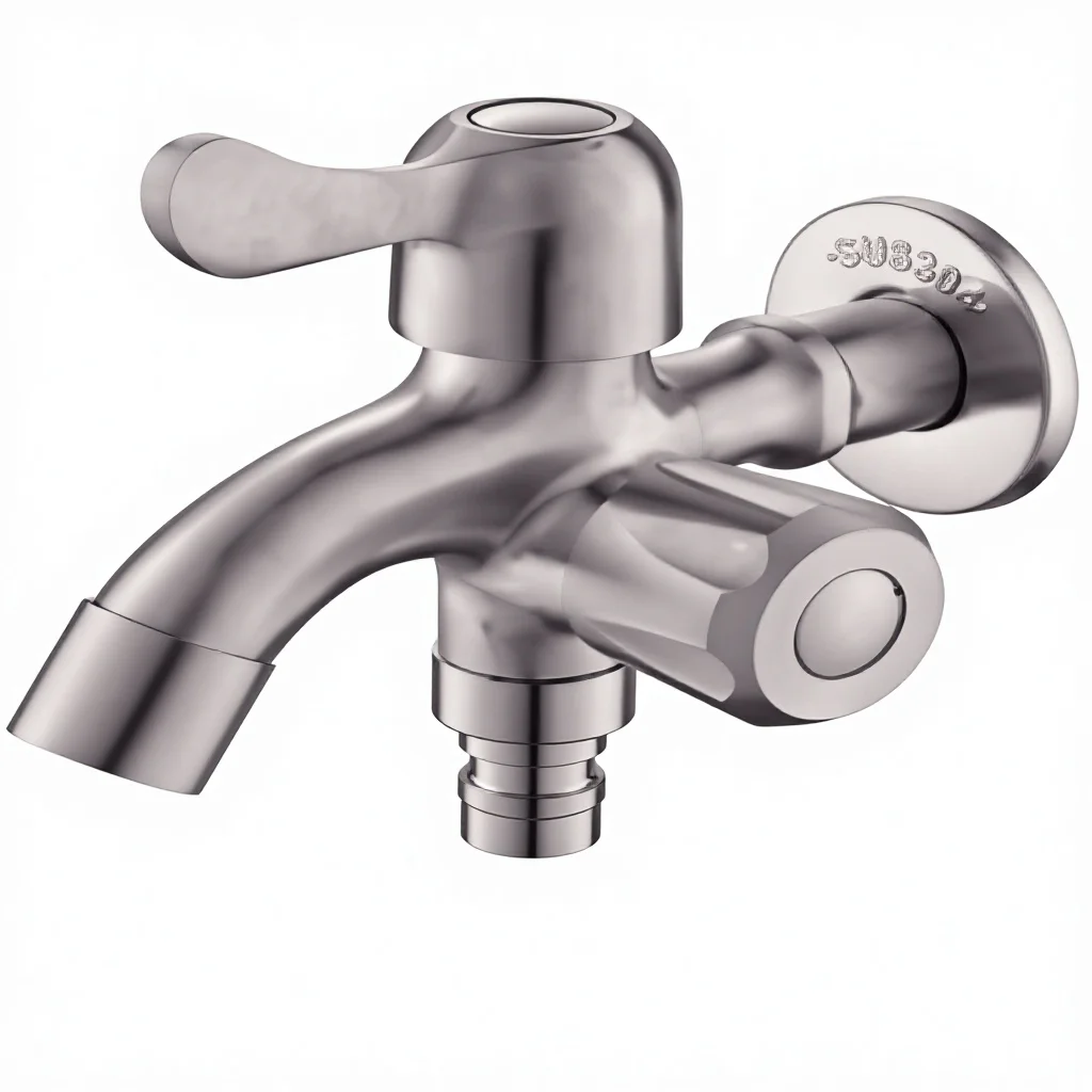 SS304 Dual Outlet Two Way Modern Metered Wall-Mounted Brushed Finish Stainless Steel Faucet for Washing Machine and Bathroom