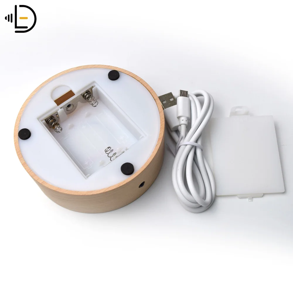 7 Color Changing RGB Round Wood Lamp Base for 3D Acrylic Visual LED Night Light USB AAA Battery Power