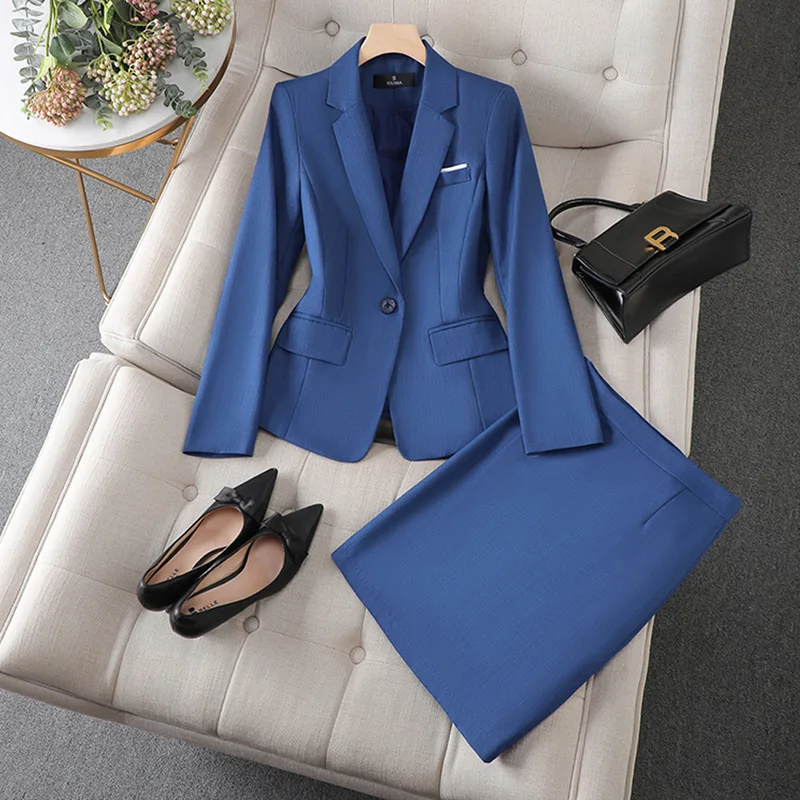 formal dress with blue blazer Women's Haze Suit Spring Autumn University Civil Servant Interview Workplace Hotel Front Desk Overalls black dress with light blue blazer