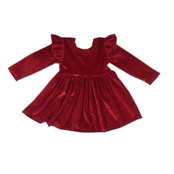 High quality children clothing toddler boutique flutter shirt Baby Girl Velvet Dresses top red long sleeve tunic