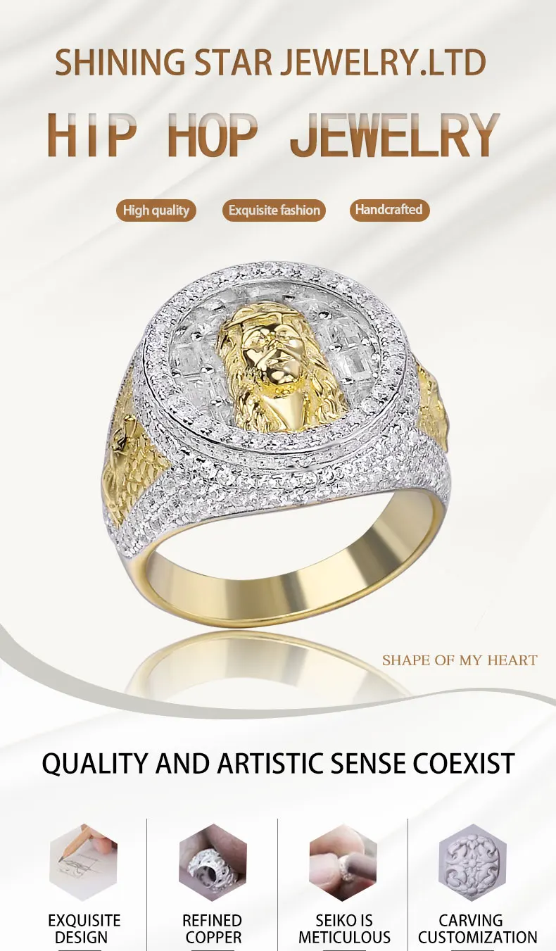 Hiphop Iced Out Gold Religious Jewelry Micro Pave Crystal Diamond Jesus Ring For Men