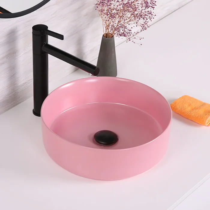 Ceramic Round Countertop Art Color Wash Basin Bathroom Top Mount Matte Pink Porcelain Vessel Sink