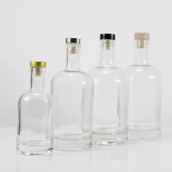 250ml 375ml 500ml 750ml 1000ml transparent round empty flint glass liquor wine Whisky Vodka tequila bottle with sealed cork lid