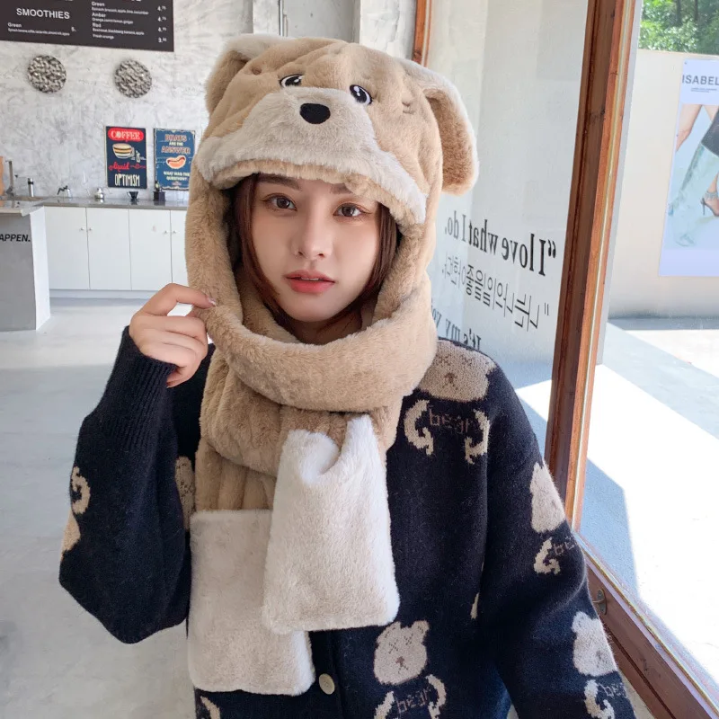 Bear Hat Autumn And Winter New Plush Gloves And Scarf Three-piece Suit One-piece Female Winter Warmth One-piece Thickened Bib