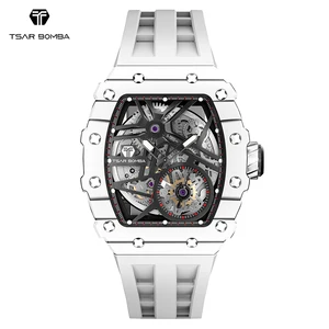 For TSAR BOMBA Automatic Mens Watch Carbon Fiber Case Tonneau Shape Water Resistant Rubber Band Analog Dial Dropshipping