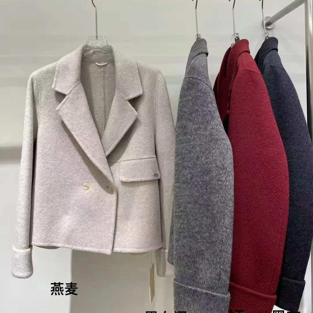 Handmade Women's Winter Double-Face Wool Coat Short Length Overcoat with Button Decoration Warm Style Wool & Blends