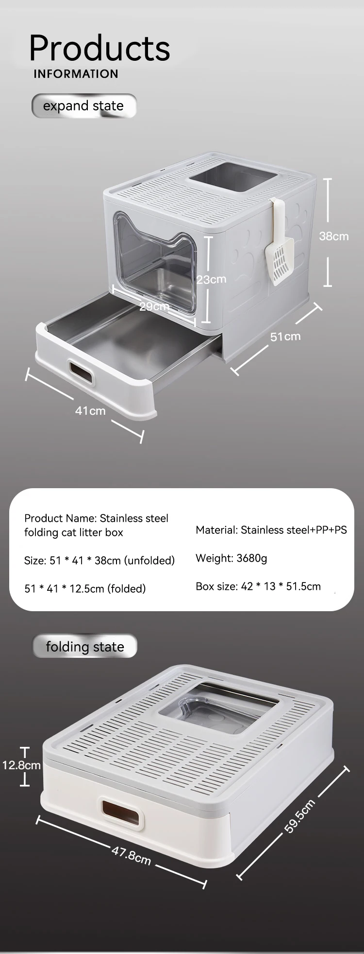 Innovative Collapsible Stainless Steel Cat Litter Box Large Cat Toilet Fully Enclosed Portable Cat Cleaning Supplies factory