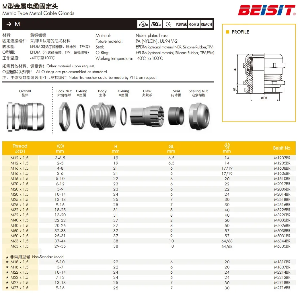 Beisit High Quality Cable Gland Supplier Ip68 Brass Cable Gland M20 X 1 ...