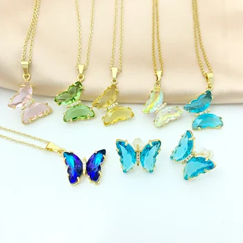 New Listing Jewelry Crystal Butterfly Pendant Necklace Pink Green Blue Glass Gold Plated Butterfly Necklace Set For Girl Women