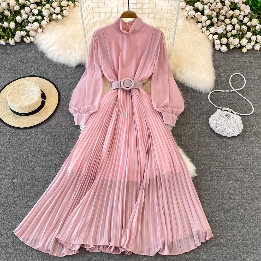 Spring And Autumn Stand Collar High Waist Waist Pleated Casual Elegant Dress For Women
