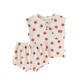 2025 Summer Nordic Style Floral Printed Pure Cotton Sleeveless Two-Piece Set for Boys & Girls Comfortable Casual Baby Suit