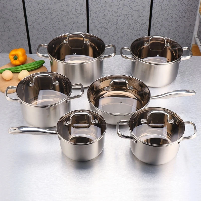 12 шт набор посуды из нержавеющей стали с антипригарным покрытием, кастрюля для готовки, кастрюля для наборы кастрюля для супа с плоским дном Сковорода со стеклянной крышкой кухонная плита