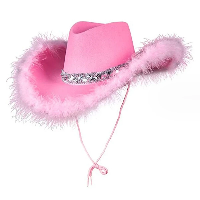 Wholesale Women's Pink Sequined Cowboy Hats with Feathers OEM