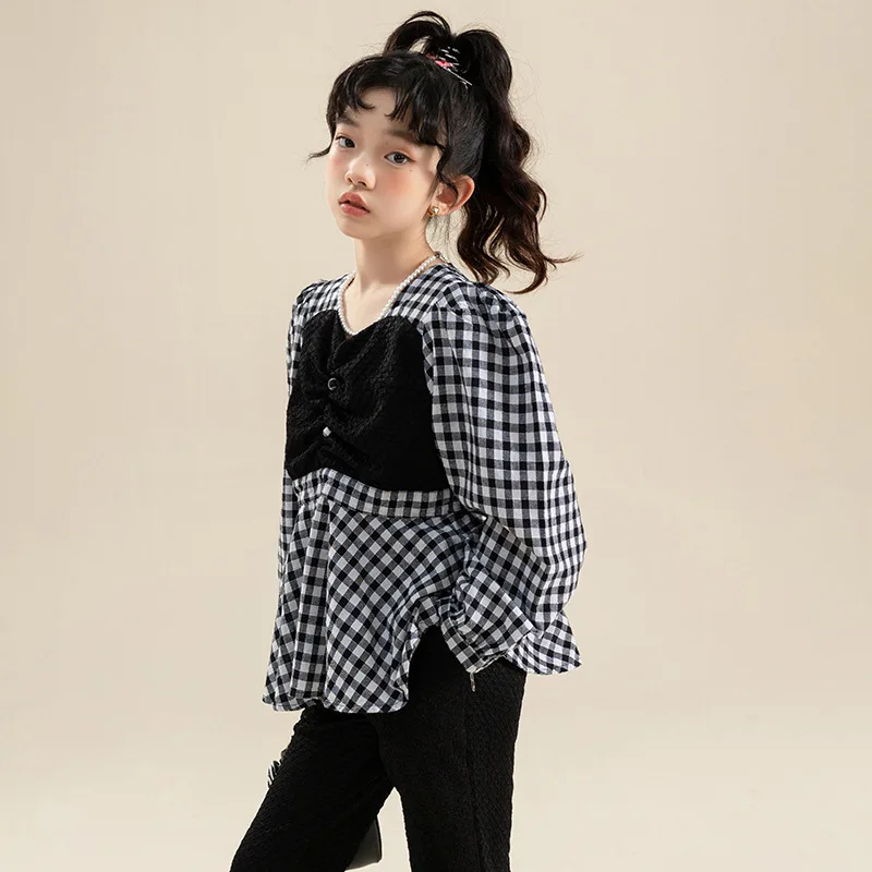 Wholesale 2023 New Fashion Kid Girl Black White Plaid Patchwork