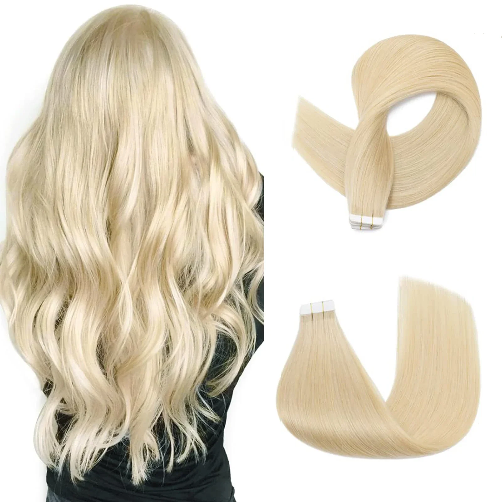 Tape-In-Haarverlängerungen, Echthaar, Nr. 613, gebleichtes Blond, Remy, glatt, Hauttresse, 20-teiliges Set, 16-26 Zoll_voghion.com