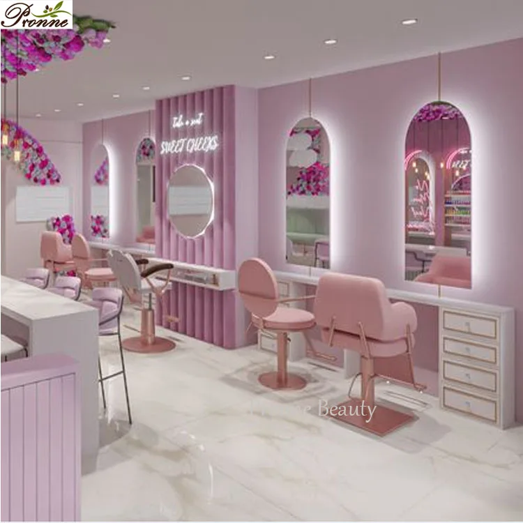 Hair Salon Equipment and Furniture Dark pink Hairdressing Makeup Styling  Mirror Station Set Saloon Chairs