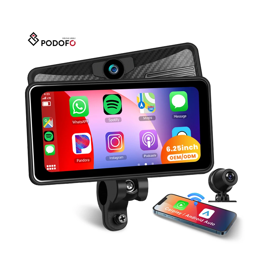Podofo 6.25'' Motorcycle DVR Portable Wireless Carplay Android Auto Rear + Front Camera Pressure Detection Autoradio Car Radio A4037