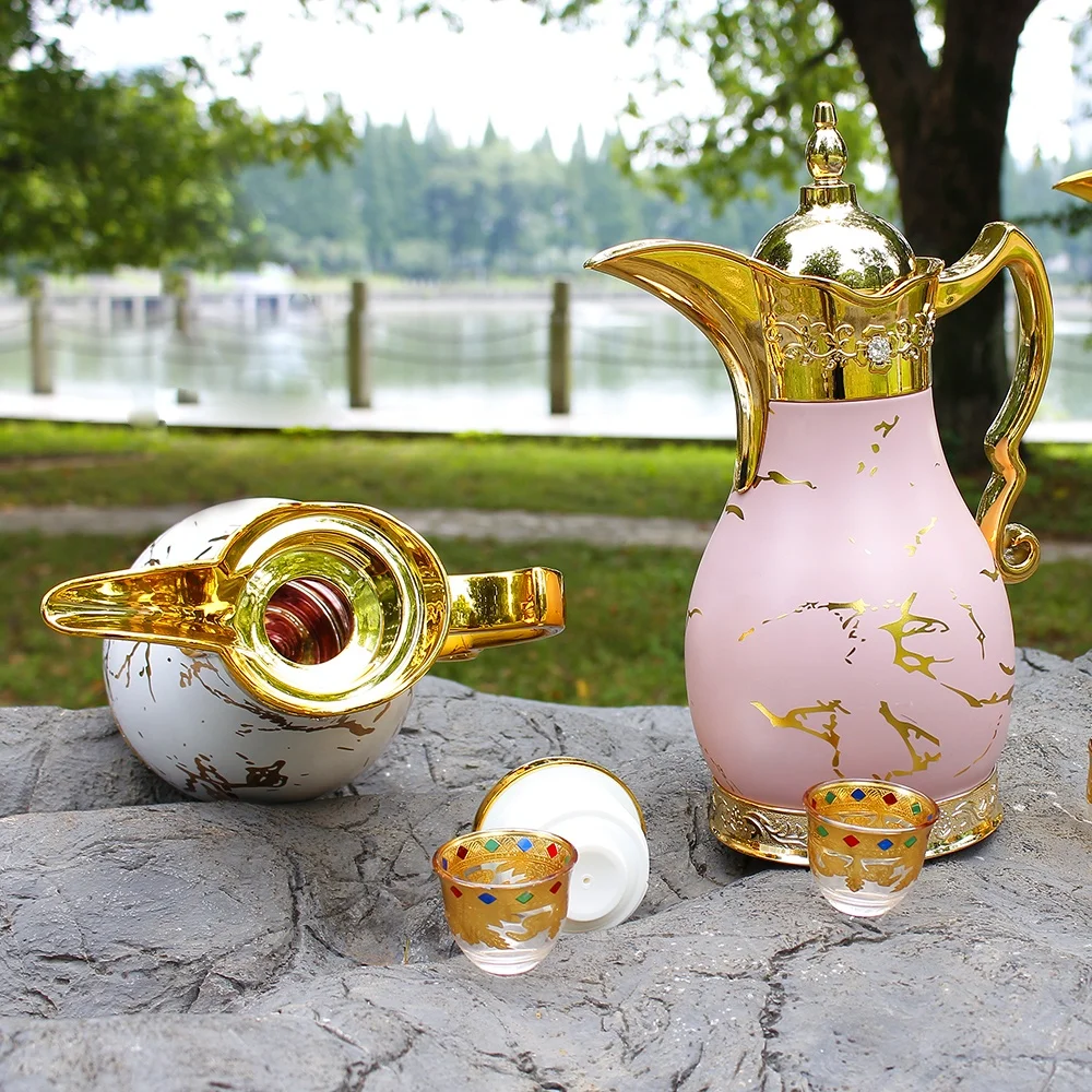 WUJO pink Glass Refill 1Liter Luxury Hot Cold Dallah Insulated Arabic  Vacuum Thermos Tea Coffee Pot with Glass Cups