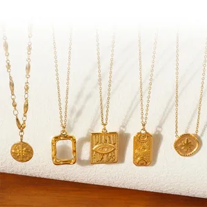 Unisex Statement Jewelry-Coin-Shape Eye Star Pendant on Chain Link Necklace New Design Trendy 18K Gold PVD Stainless Steel