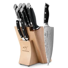 Ready to Ship 9 Pieces Damascus Steel Wooden Knife Block Kitchen Chef Knife Set with ABS Handle
