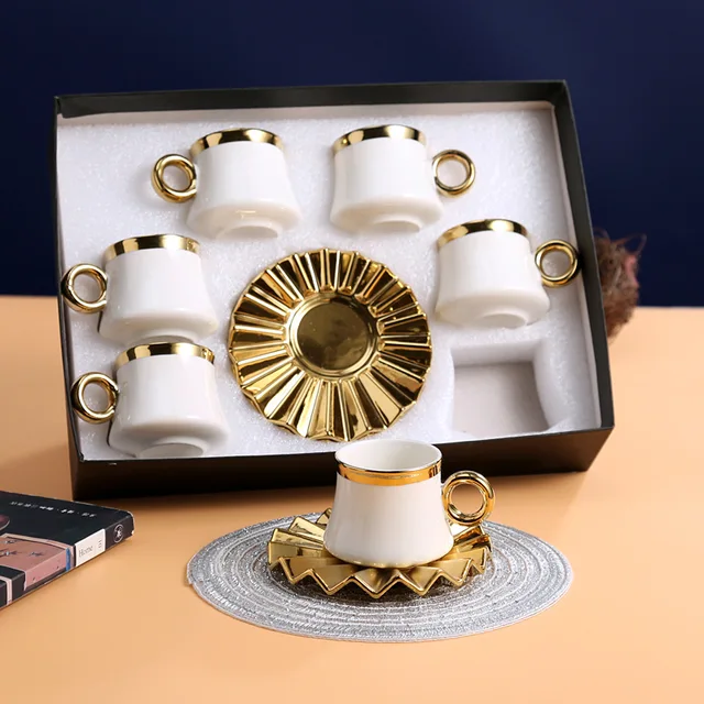 Arabic  Gold Plated  Ceramic Coffee Cup Coffee Cups Set Porcelain And Saucer Set Of 6 pieces