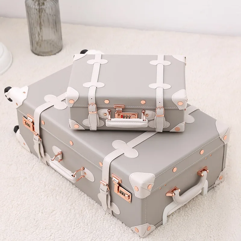 Handmade 18-Inch Retro Lock Handle Suitcase Vintage Pink PU Leather Travel Bag with Straps