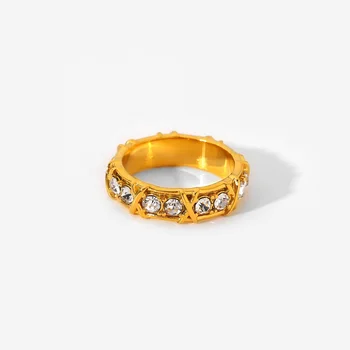Fashionable 18K PVD Gold Plated Geometric Full Zircon Ring Jewelry Stainless Steel Weave Full Zircon Finger Rings For Women