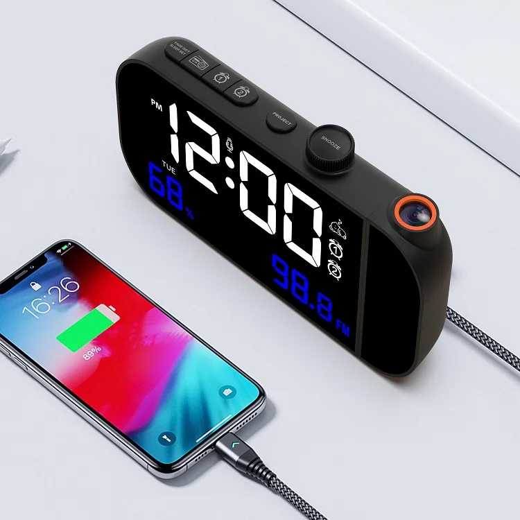LED Table Clock with Time Projector with FM Radio with Temperature and Humidity