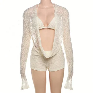 Dropshipping New Arrivals 2026 Trendy Knit Popular Long Sleeve Hot Sexy Bra 3 Piece Short Set Women