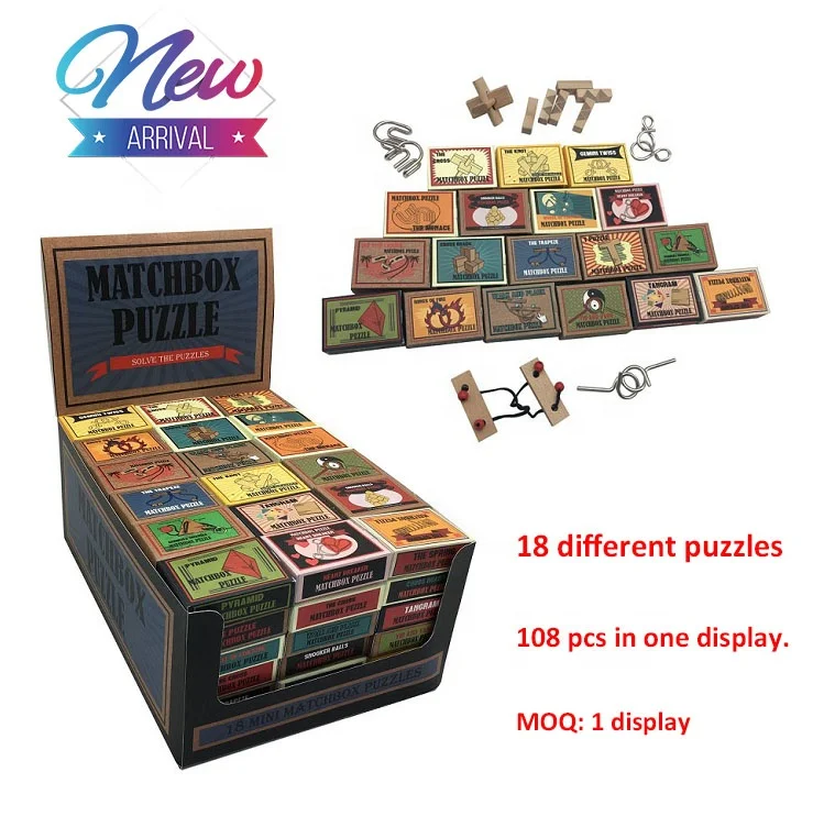 Promotion  Mini Wooden and Metal Brain Teaser Game Traditional matchbox Puzzle Rings of Fire Wire Puzzle