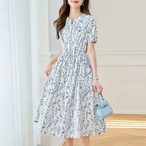 Pregnant Woman's Round-neck Short-sleeved Floral Print Dress for Summer. New Style. Pure Cotton Shirt Dress