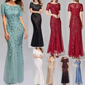 Custom High Quality Ladies Prom Dresses Elegant Contrast Mesh Sequins Diamond Decoration Lace  Party Evening Dress for Women