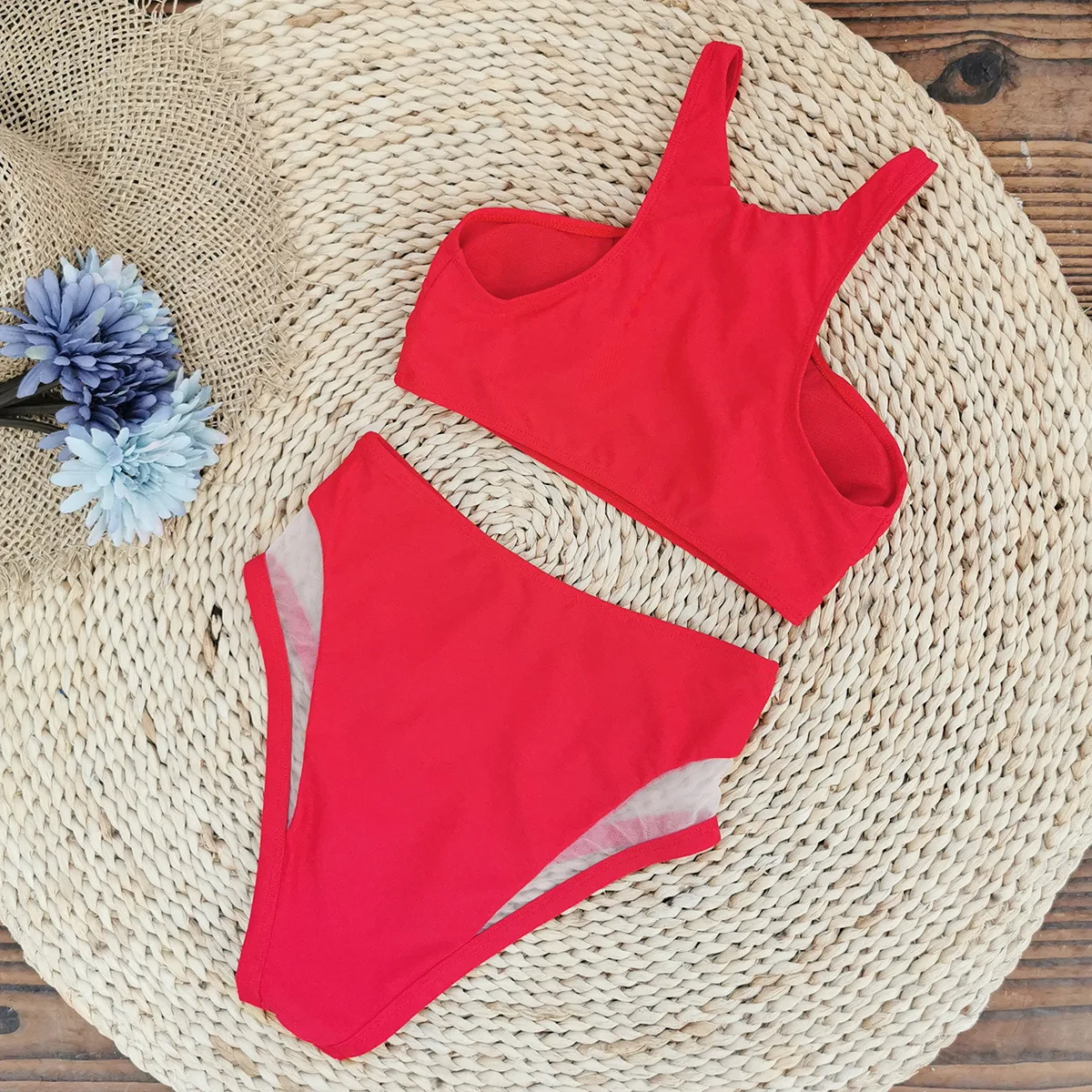 2024 New Solid Red Bikini Sets Contrast Mesh Two Pieces Set Swimwear ...