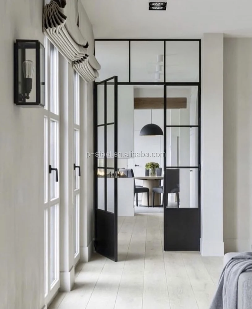 Customized Traditional Modern French Iron Entry Exterior Doors Swing Open Style Hot Rolled Steel Grill Windows Horizontal