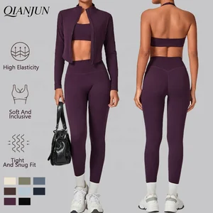 2026 New Gym Fitness Sets Hanging Neck Sexy Bra Scrunch Butt Lift Sports Leggings Long Sleeve Sport Jacket Yoga Sets