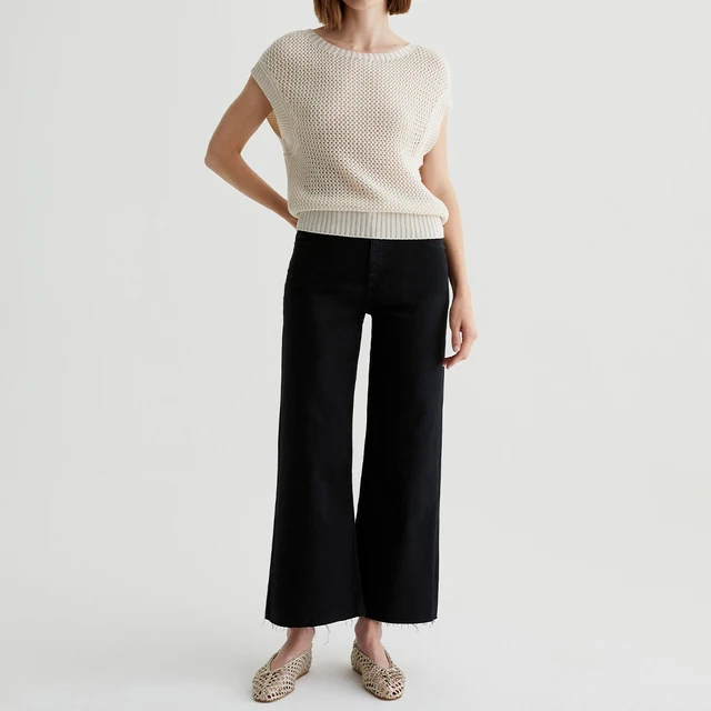 Women's Black Sulfur-Dyed High-Rise Wide-Leg Cropped Jeans Custom OEM/ODM Breathable Soft Denim Dual-Elastic Comfort Embroidery