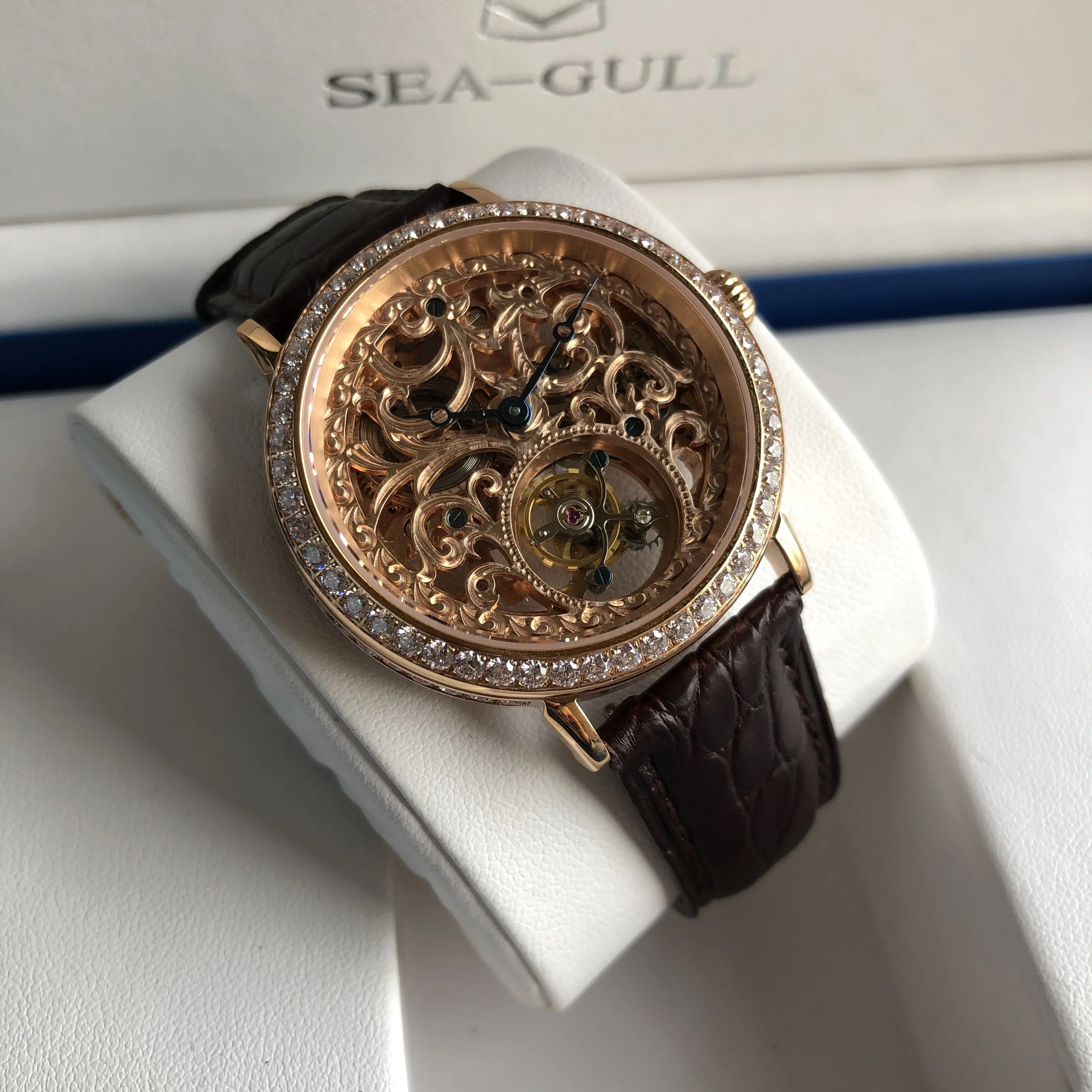 Free Ship Stock Luxury Carved Seagull 8000k Movement Skeleton Tourbillon Mechanical Diamond Sapphire Manual Winding Watch Man