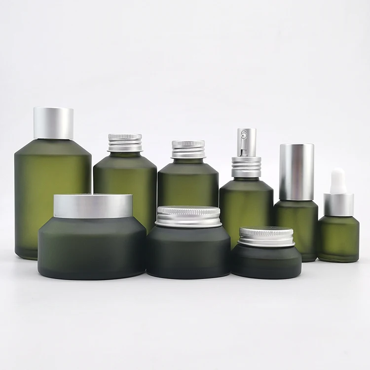 Wholesale Cosmetics Container and Packaging Matte Frosted Olive Green Cosmetic Bottle Glass Jars and Bottles
