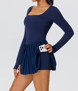 Latest Simple Design Square Neck Long-sleeved Yoga Jumpsuit for Women Slimming Fitness Sports Wear Gym Yoga Dance Tennis Dress