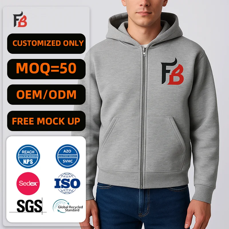 Heavyweight French Terry Zipup Hoodies High Quality Cotton 500gsm Full Zipper Hoodies Custom Men Boxy Cropped Zip up Hoodie
