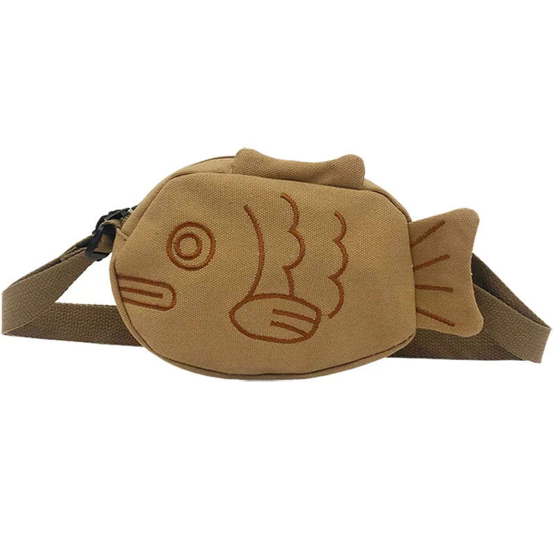 2024 Japanese Creative Soft Canvas Messenger Bag for Girls Cute Cartoon Embroidered Small Fish Stone Pattern Ugly Cute Handbag