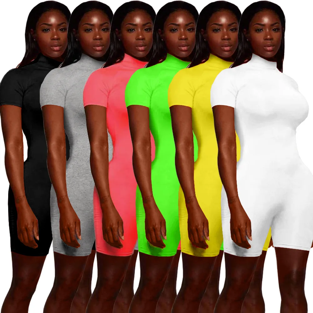 Fitness Women Streetwear Neon Bodysuit Women Mock Neck Short Sleeve Casual Playsuit High Elastic Sexy Tight Sports